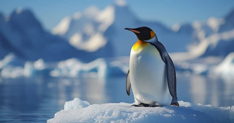 Πιγκουίνος πάνω σε πάγο σε τοπίο με παγετώνες